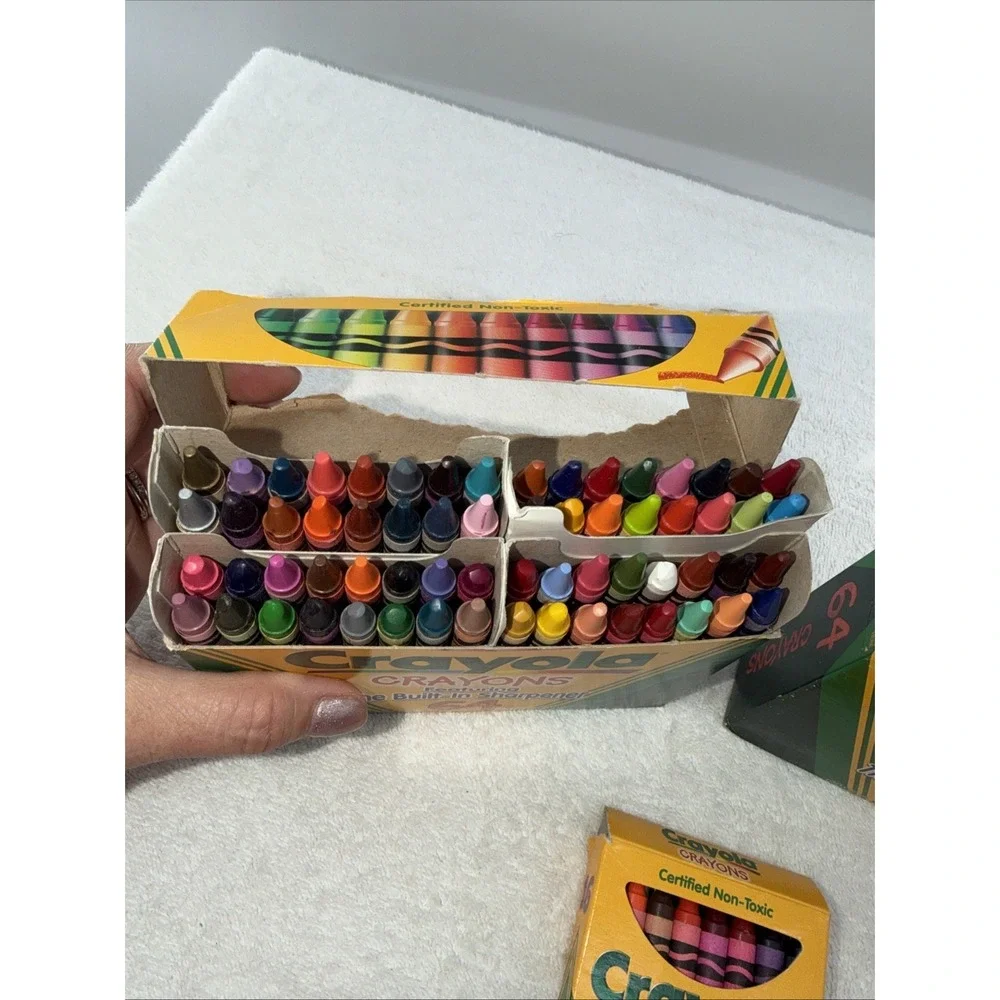Vtg CRAYOLA 64 BOX Crayons LOT OF 2 Sharpener Retired Colors MOSTLY UNUSED Extra